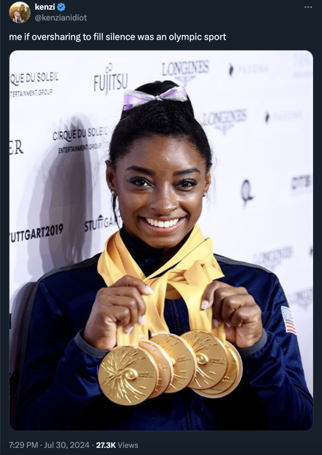 simone biles gold medals - kenzi me if oversharing to fill silence was an olympic sport Que Du Soleil Fujitsu Cirque Du Sole Er UTTGART2019 Stuttga Views Longines Longents